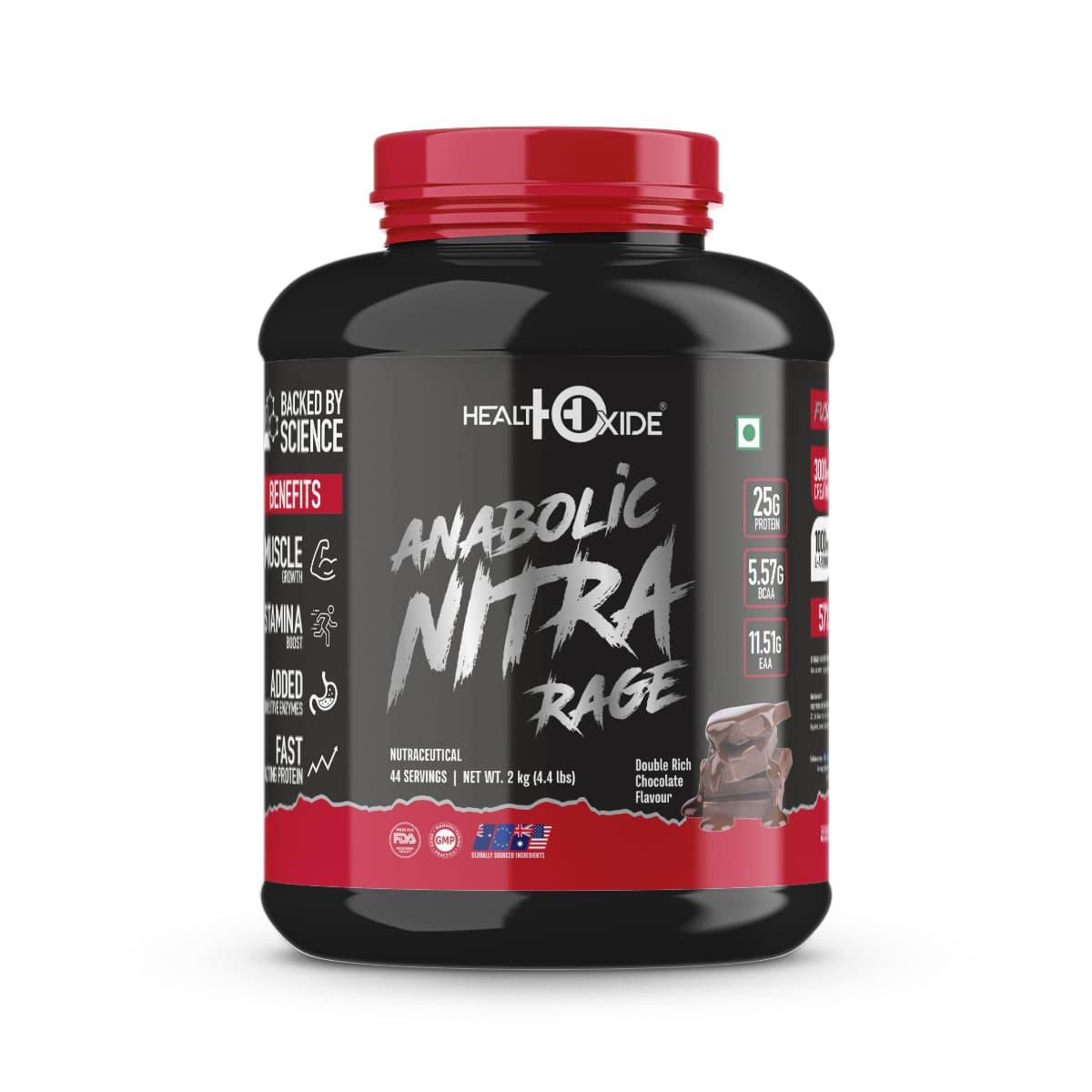 Healthoxide Anabolic Nitra Rage (25G Protein) Powder, Muscle Growth, Stamina Boost, Added Digestive Enzymes, Double Rich Chocolate (2kg)