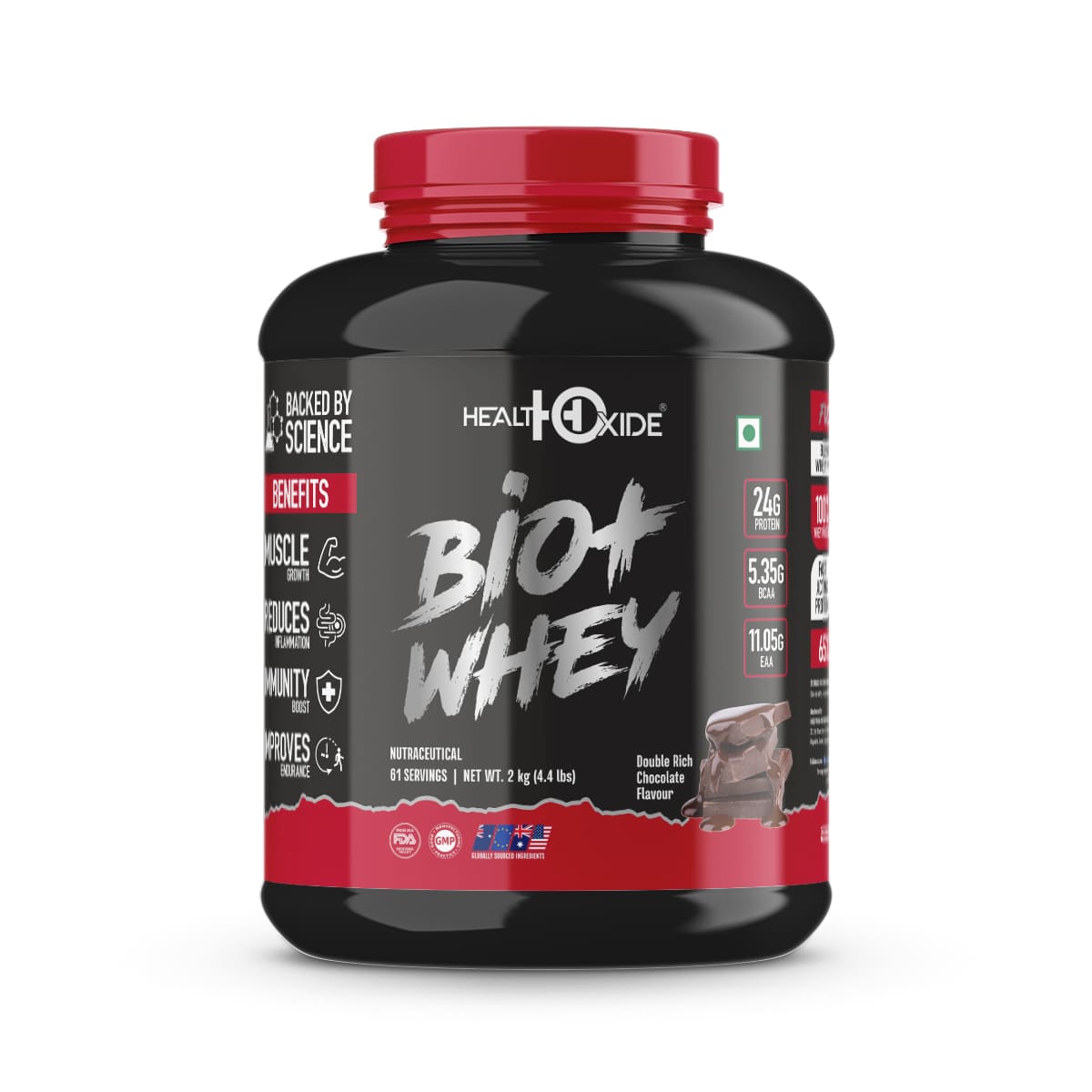 Healthoxide Bio + Whey (24G Protein) Powder, Muscle Growth, Immunity Boost, Reduce Inflammation, Double Rich Chocolate (2kg)