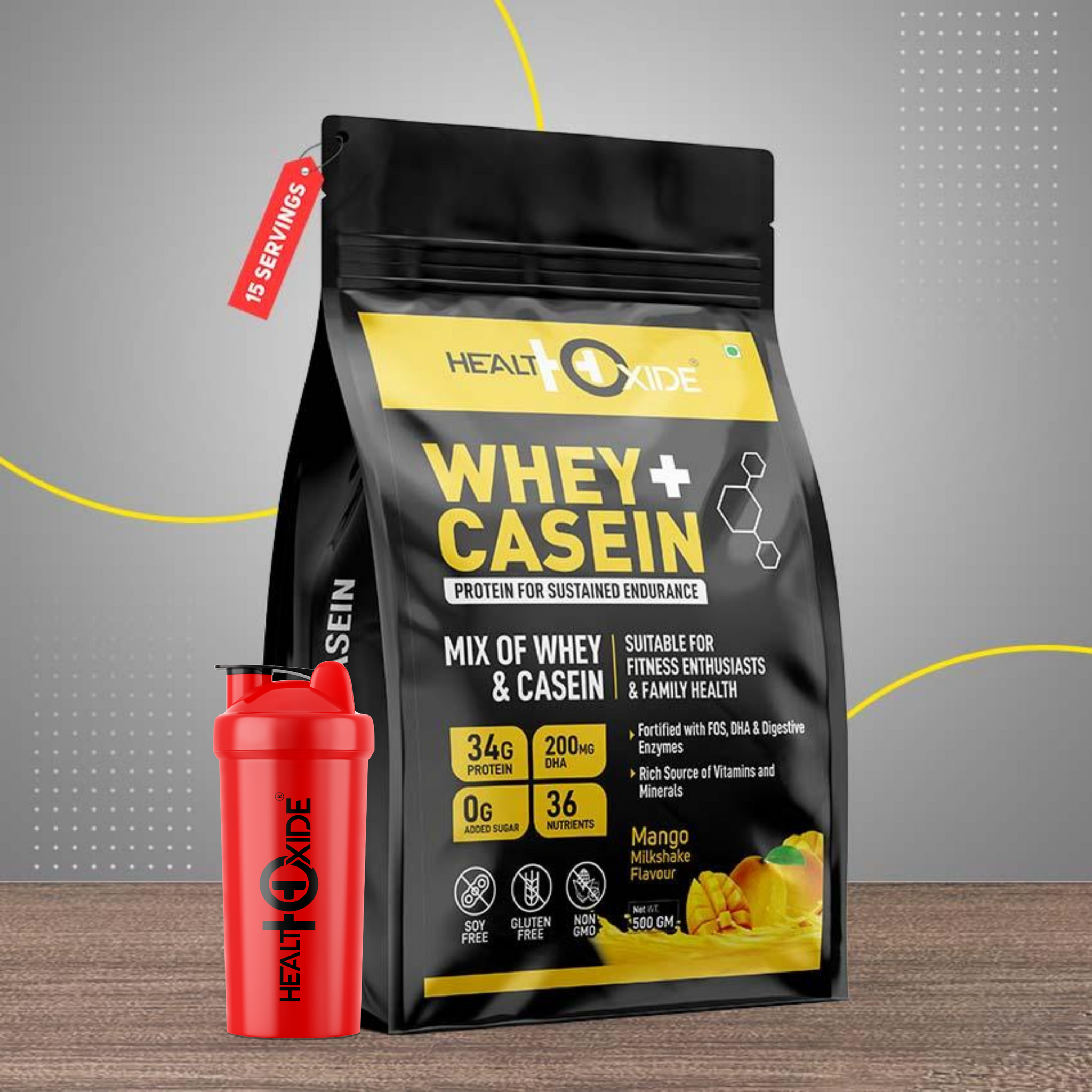 Healthoxide Whey + Casein Mango Flavor Protein Milkshake With Free Shaker