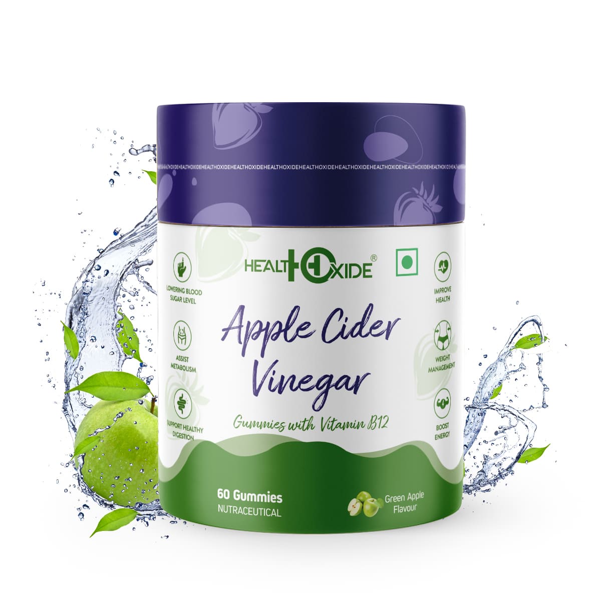 Healthoxide Apple cider vinegar gummies with vitamin B12 for weight loss/ green apple flavoured/ 60 gummies