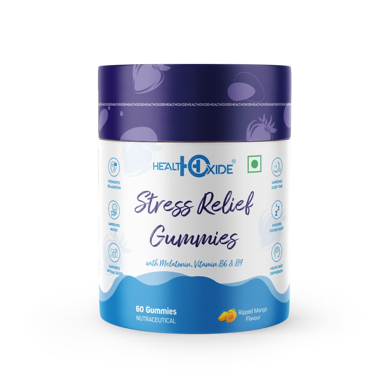 Healthoxide stress relief gummies, Sleep gummies, Melatonin, vitamin B6, B9 Ripped mango flavoured, 60 Gummies